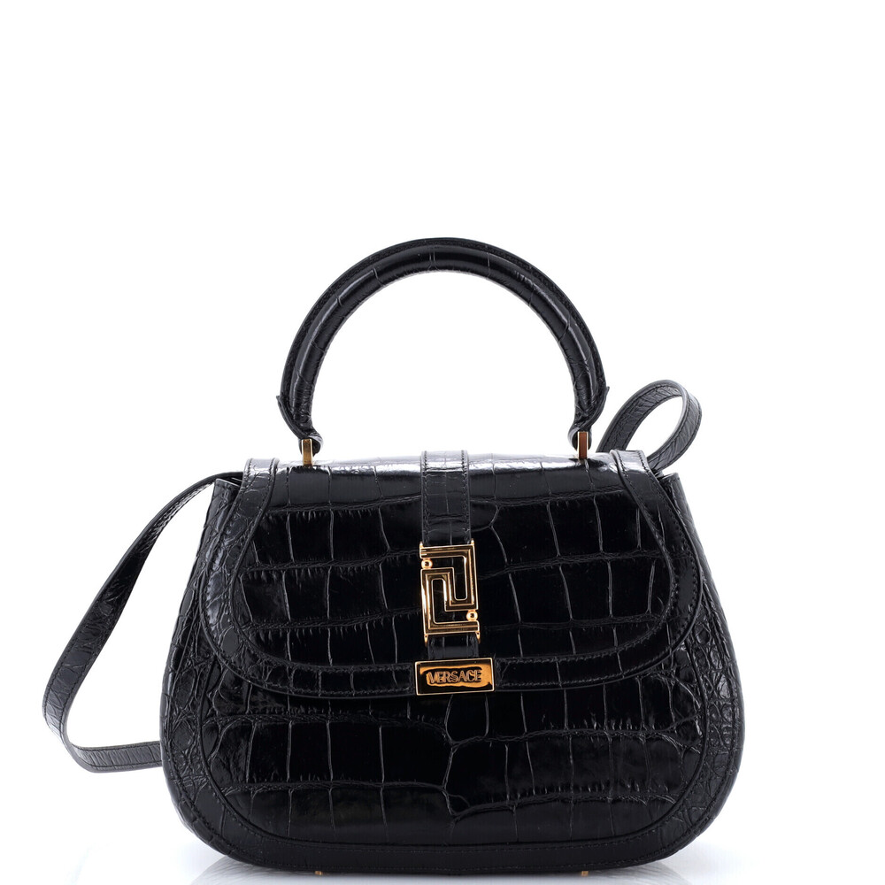 Versace Medium Greca Goddess Top Handle Bag Crocodile Embossed Leather